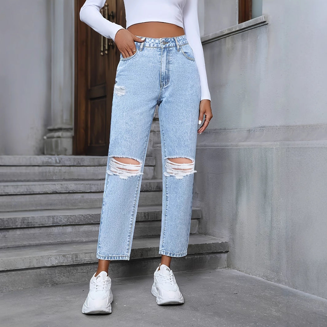 Women's Casual Loose Straight Ripped Denim Trousers