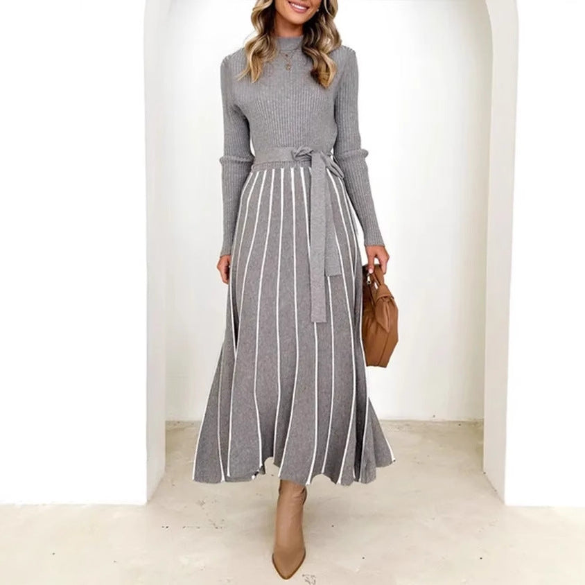 Inner Wear Base Woolen Skirt Over The Knee Stripes Knitted Dress