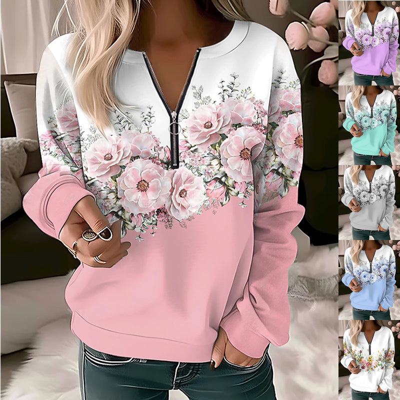 Women's Printed V-neck Long Sleeve Pullover Loose Sweater