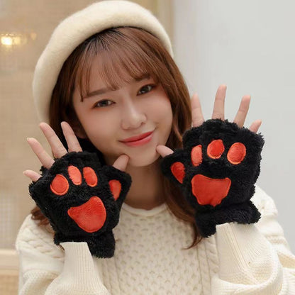 Autumn And Winter Student Plush Cat's Paw Half Finger Gloves For Men And Women