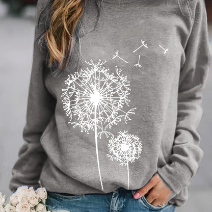 Langärmliges Pullover-Sweatshirt mit Rundhalsausschnitt und Löwenzahn-Print