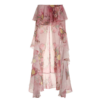 European And American Style Floral Print Double-layer Irregular Mop Ruffled Skirt