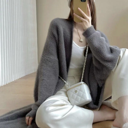 Mink-like Wool Cardigan Loose Size Thickened Mid-length Idle Style Knitted Coat