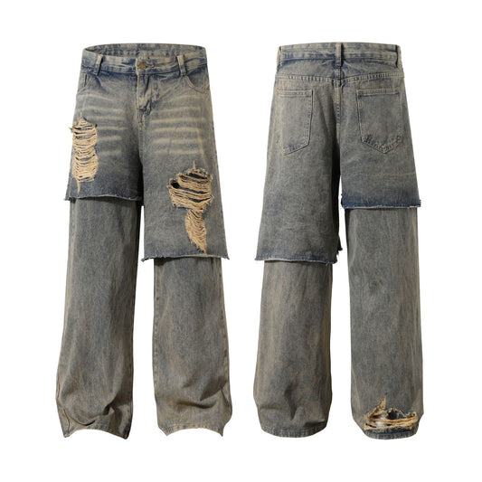 Retro Clean Fit Washed And Worn Design Heavy Industry Denim Trousers