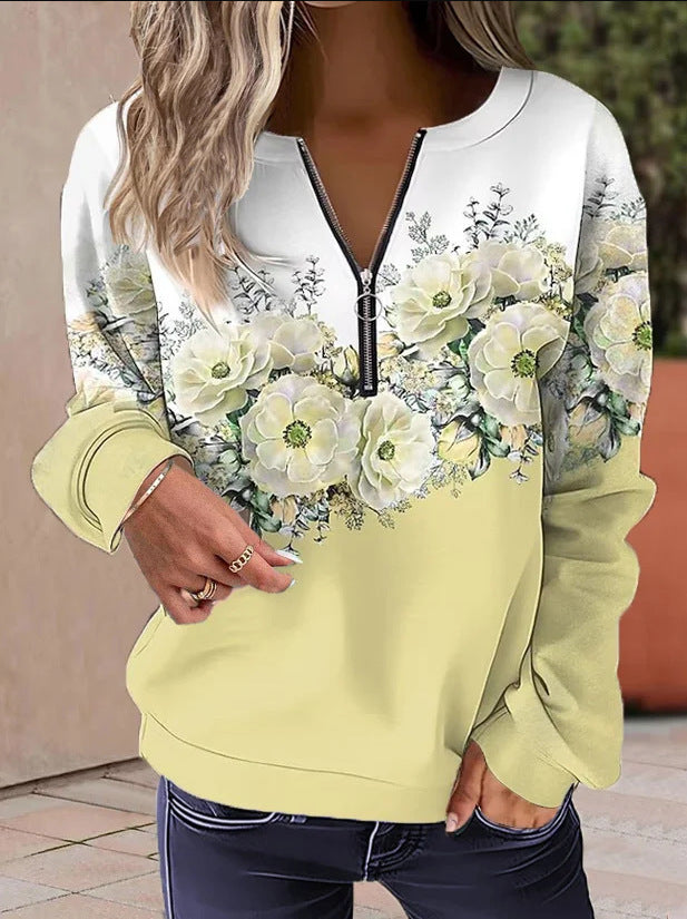 Women's Printed V-neck Long Sleeve Pullover Loose Sweater