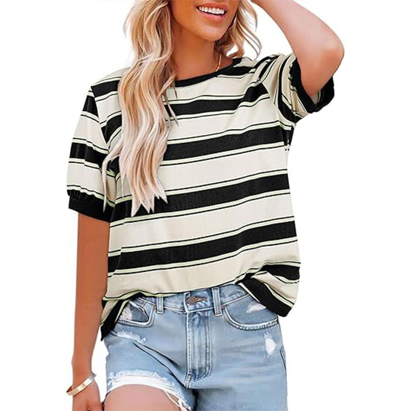 Women's Round Neck Colored Mosaic Large Striped Loose All-matching Shirt