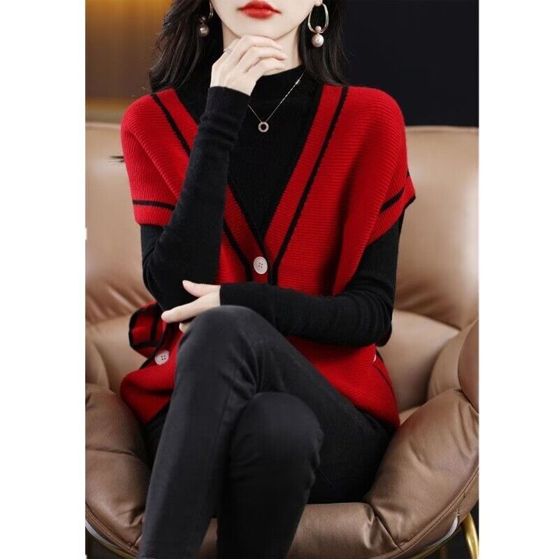 Single-breasted Color Matching Sleeveless Sweater Coat Loose Knitted Cardigan Waistcoat