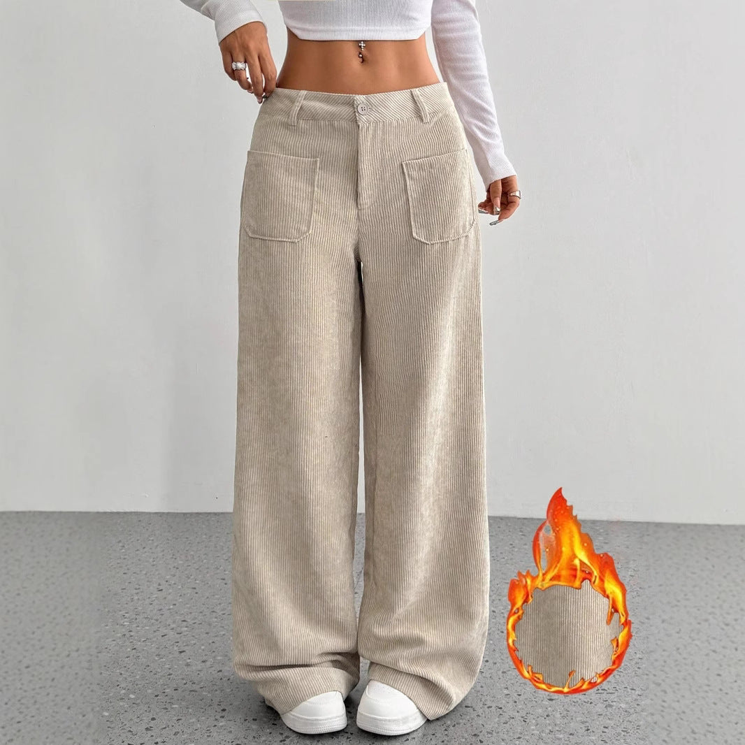 Loose Solid Color Pocket Mop Wide Leg Pants