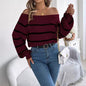 Casual Striped Off-the-shoulder Lantern Sleeve Pullover