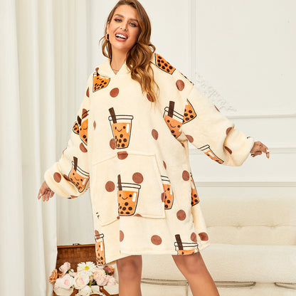 Printed Lazy Clothes Pullover Sweater Hooded Outdoor Wearable Blanket