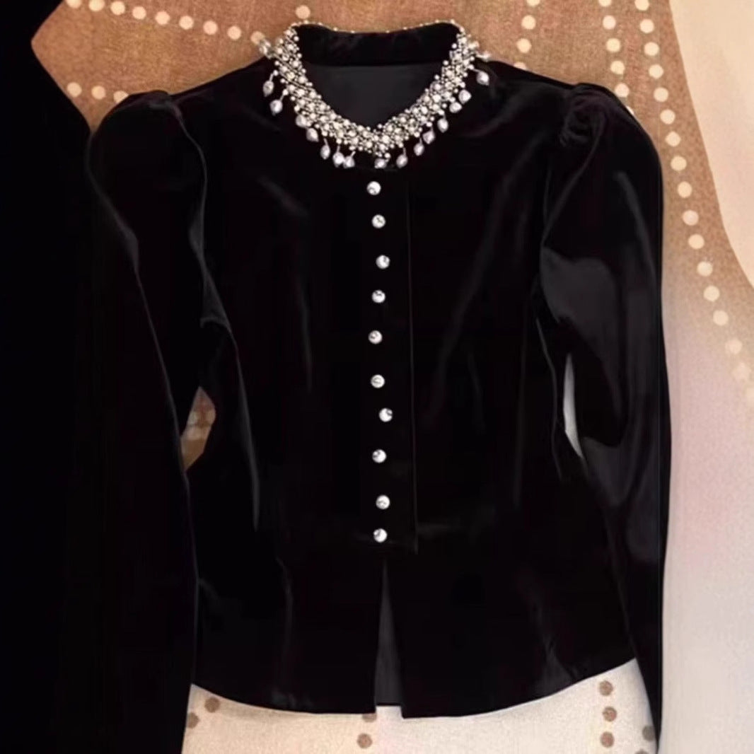 Black Beaded Velvet Puff Sleeve Shirt