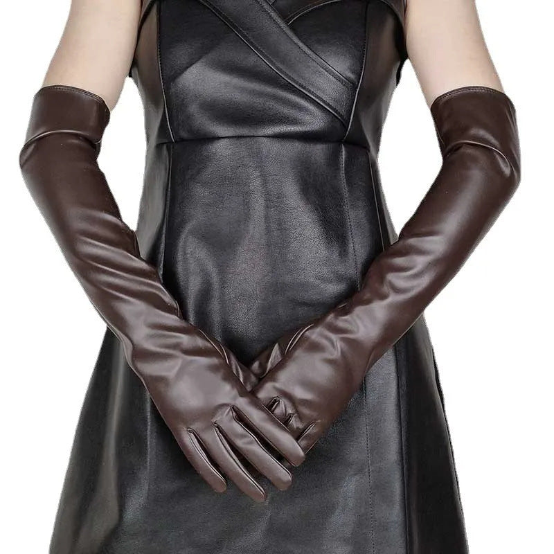 Faux Leather Long Fashion Women's Black Glossy Warm Gloves For Stage Performance