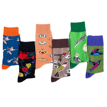 Female Casual Printed Flower And Bird Butterfly Cotton Middle Tube Socks