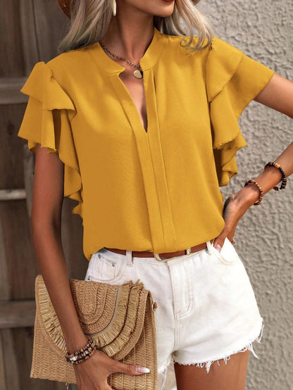 Casual Summer V-neck Solid Color Shirt Top