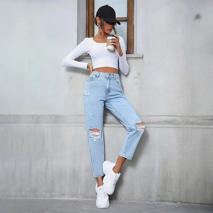 Women's Casual Loose Straight Ripped Denim Trousers