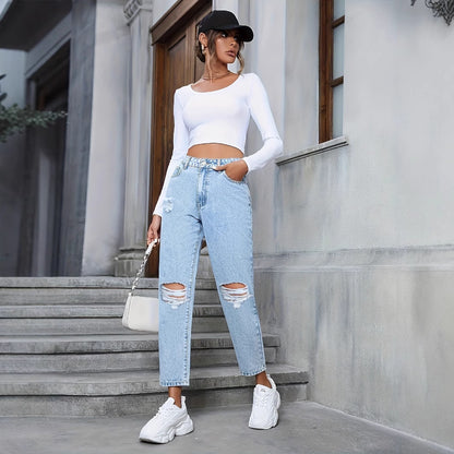 Women's Casual Loose Straight Ripped Denim Trousers