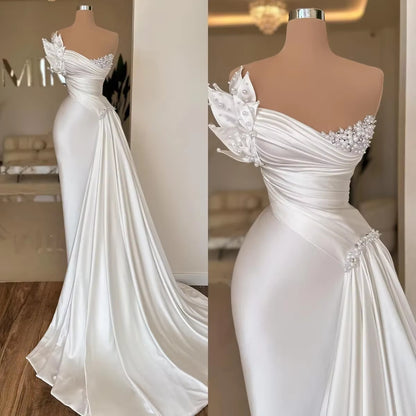 Rochie de mireasă simplă ușoară din satin alb grațios Rochie lungă