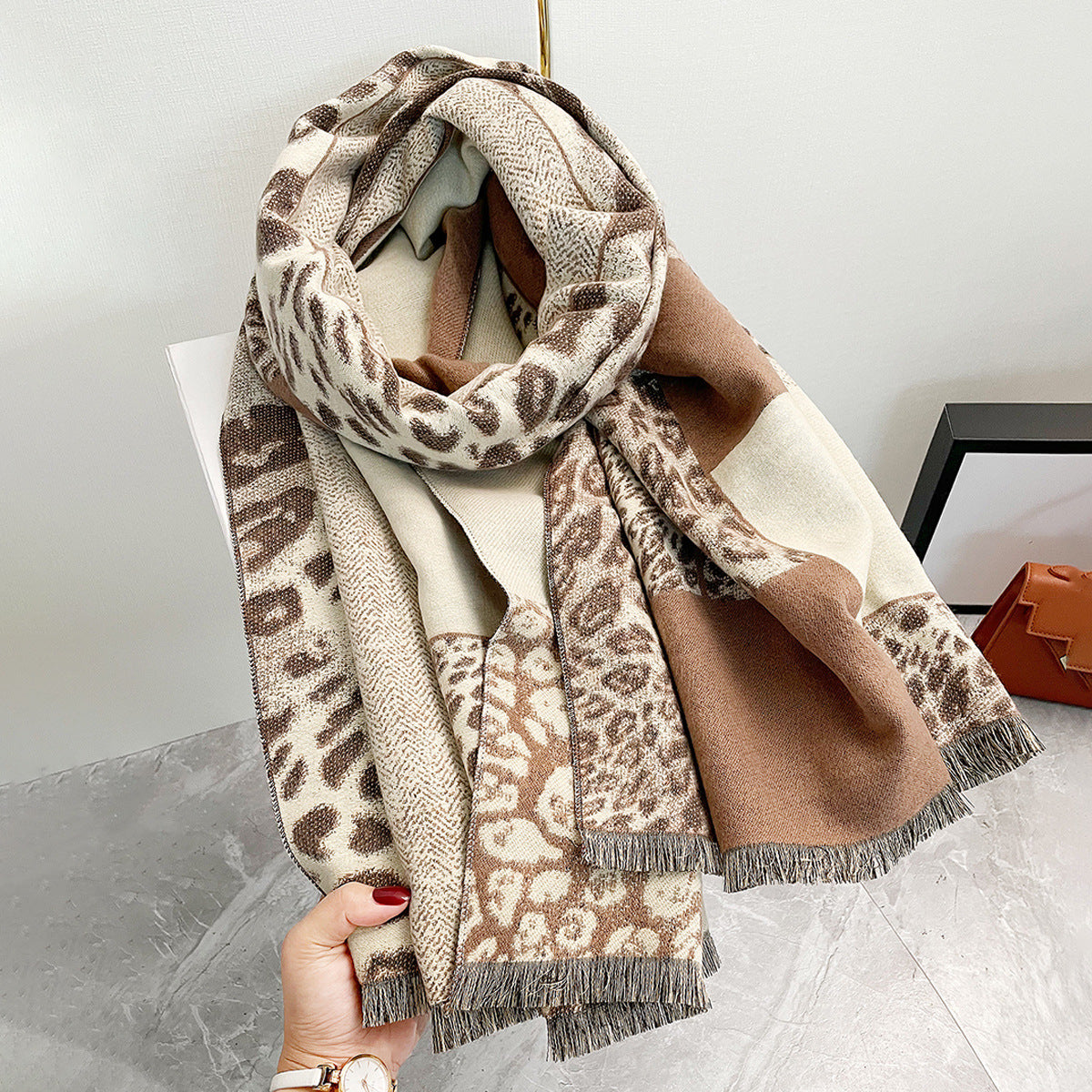 Autumn And Winter Color-blocking Leopard Print Thick Warm Temperament Shawl Atmosphere Scarf