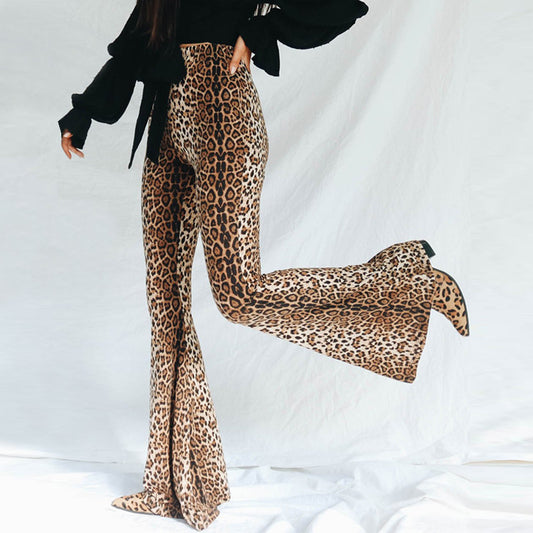 Women's High Waist Casual Pants Fashion Slim Leopard Print Bell-bottom Pants