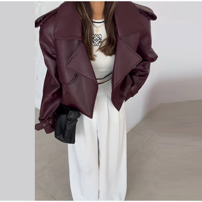 Solid Color Leather Coat Short Loose Design Women's