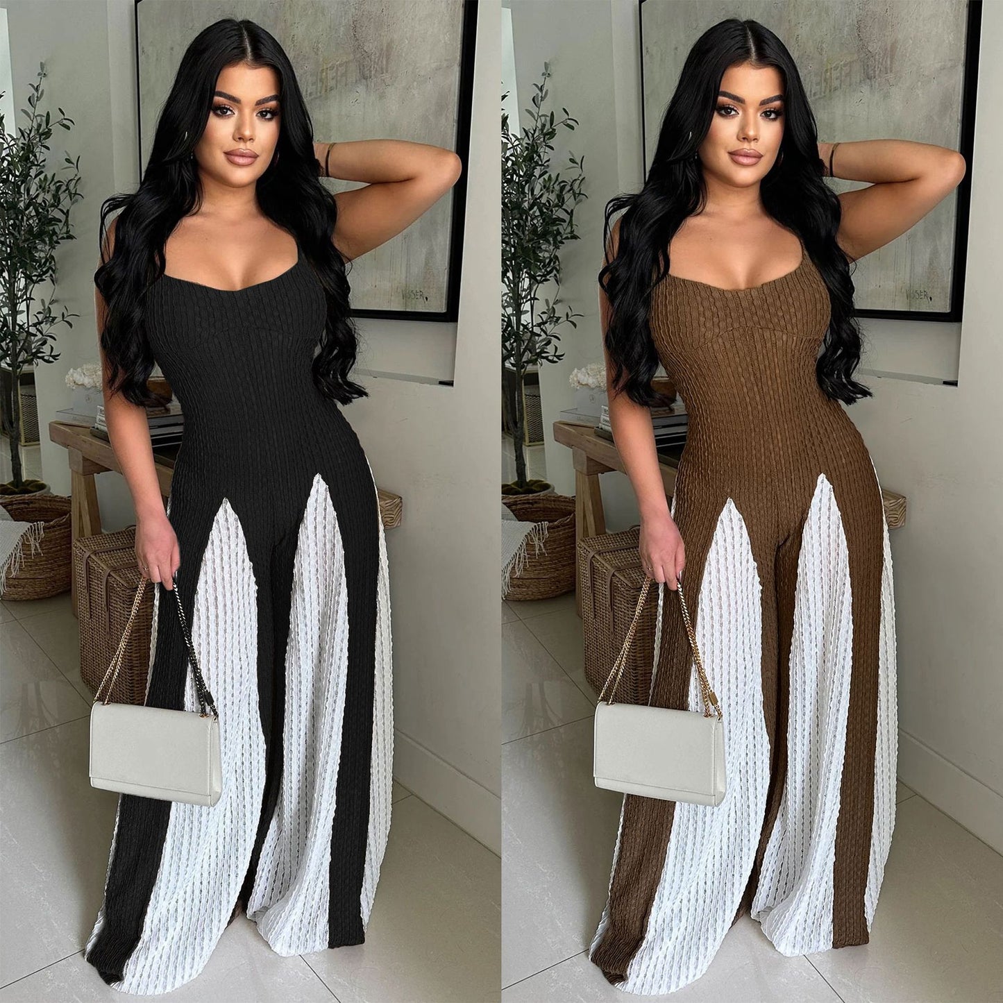 Sexy Cutout Wide Leg Knitted Sling Stitching Contrast Color Jumpsuit