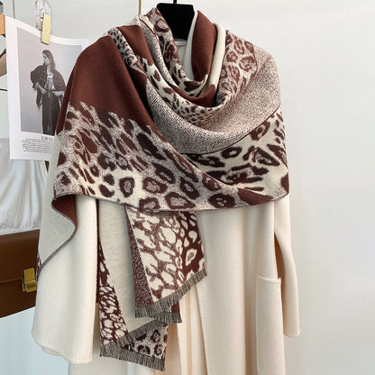 Autumn And Winter Color-blocking Leopard Print Thick Warm Temperament Shawl Atmosphere Scarf