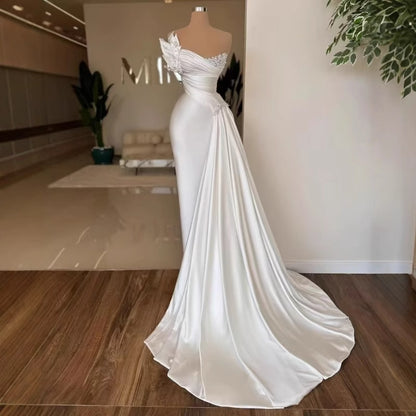 Rochie de mireasă simplă ușoară din satin alb grațios Rochie lungă