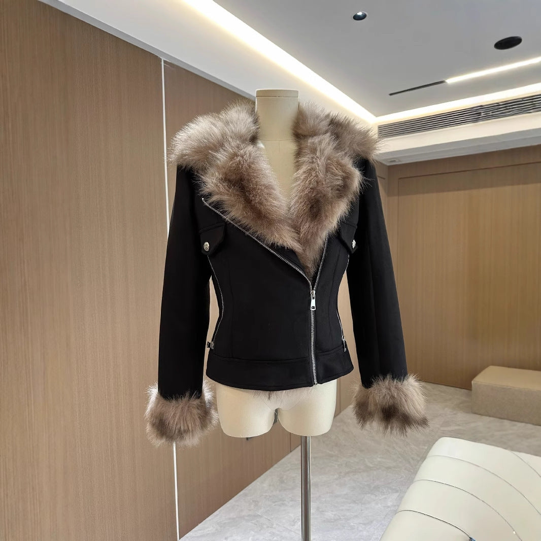 Winter Black Fur Motorcycle Warm Jacket