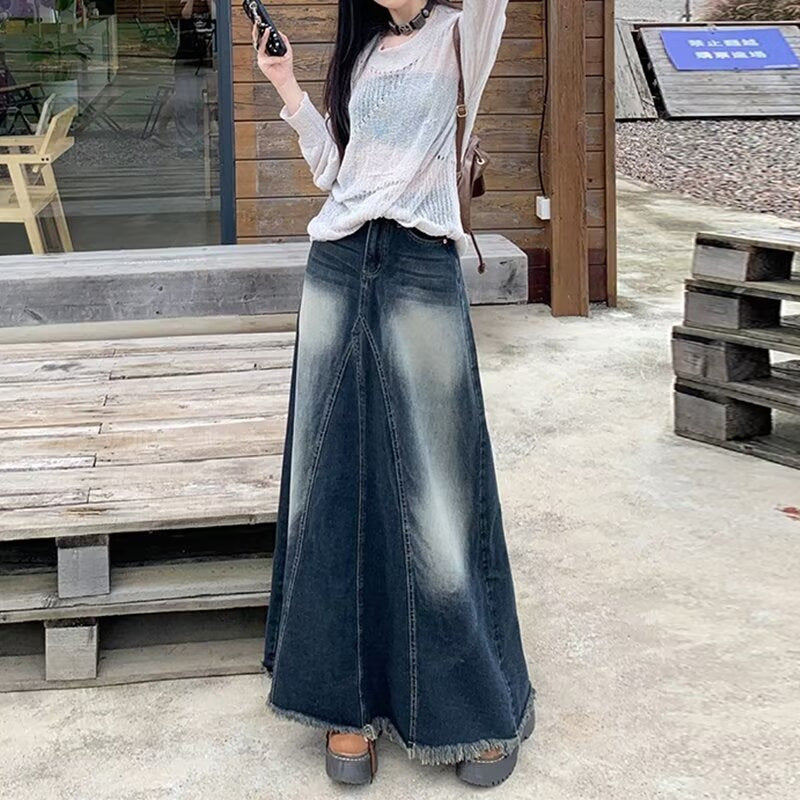 Retro High Waist Mid-length Denim Skirt