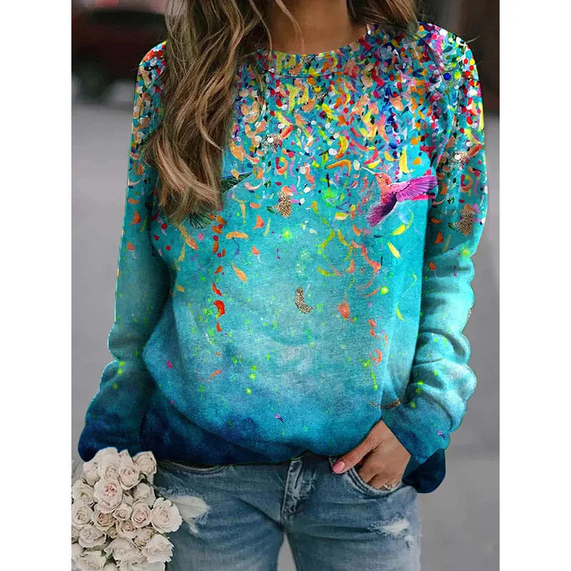 Oil Painting Colorful Flowers Women's Long-sleeved Pullover Top