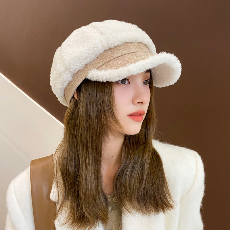 Faux Cashmere Fashion Leather Tag Octagonal Winter Warm Peaked Cap