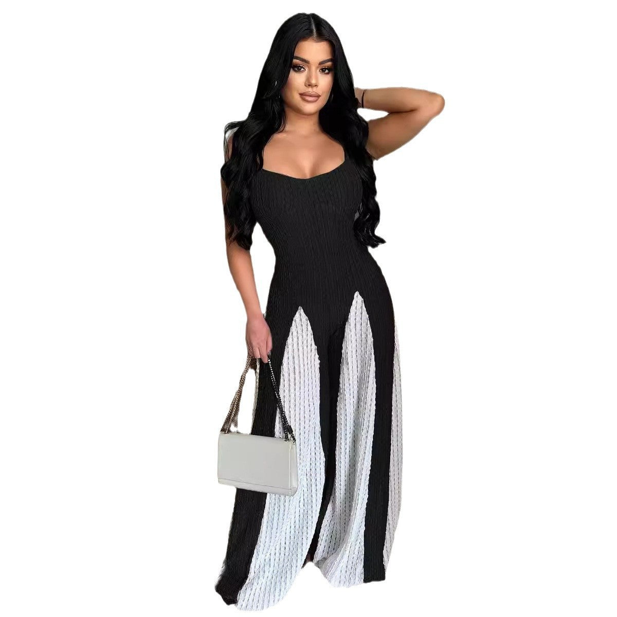 Sexy Cutout Wide Leg Knitted Sling Stitching Contrast Color Jumpsuit