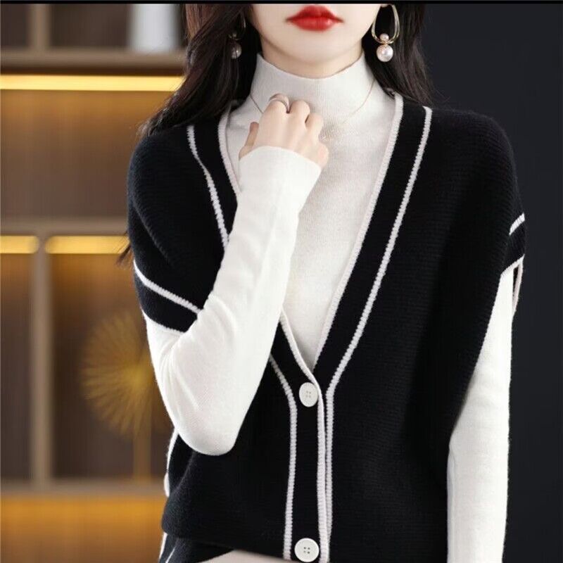 Single-breasted Color Matching Sleeveless Sweater Coat Loose Knitted Cardigan Waistcoat