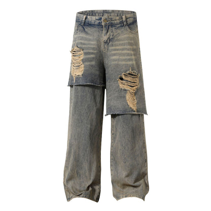 Retro Clean Fit Washed And Worn Design Heavy Industry Denim Trousers