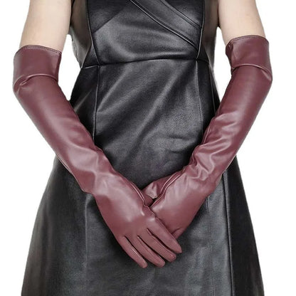 Faux Leather Long Fashion Women's Black Glossy Warm Gloves For Stage Performance