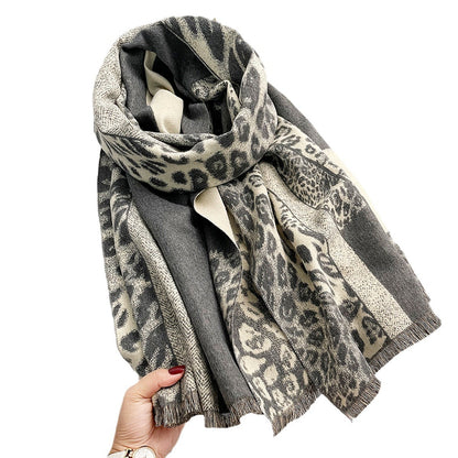 Autumn And Winter Color-blocking Leopard Print Thick Warm Temperament Shawl Atmosphere Scarf