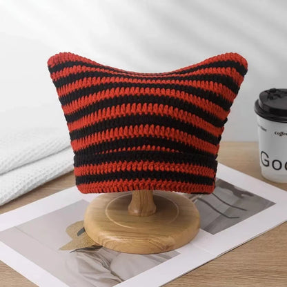 Cute Cat Ears Striped Handmade Knitted Wool Hat