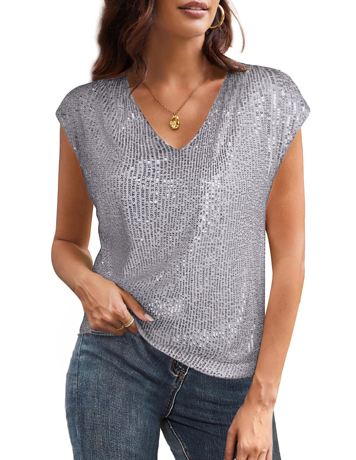 Women's V-neck Sequins Short-sleeved Top Vest