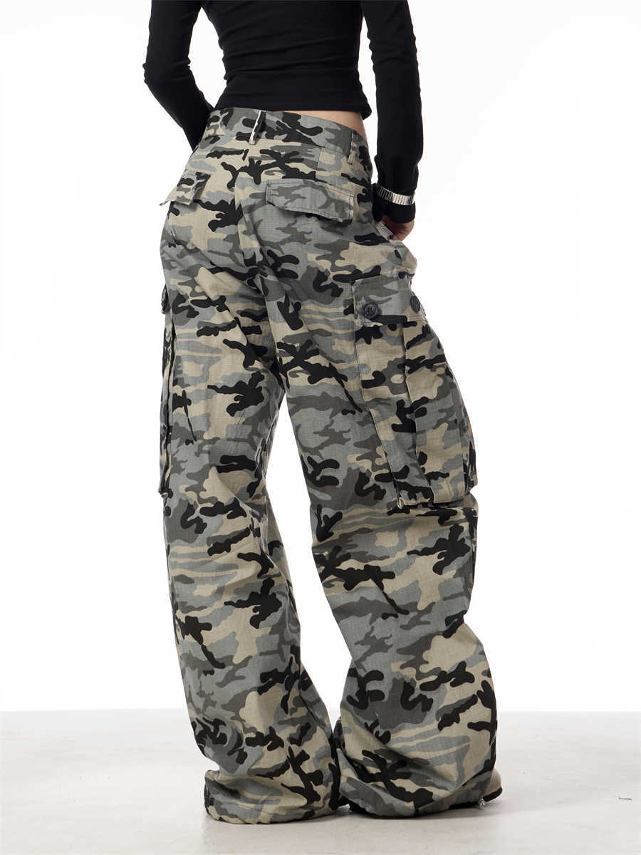 Camouflage Big Pocket Casual Pants Women Loose Wide-leg Overalls