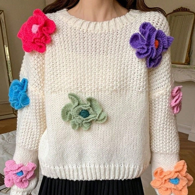 Hollow-out Three-dimensional Flower Sweater Loose Sweater