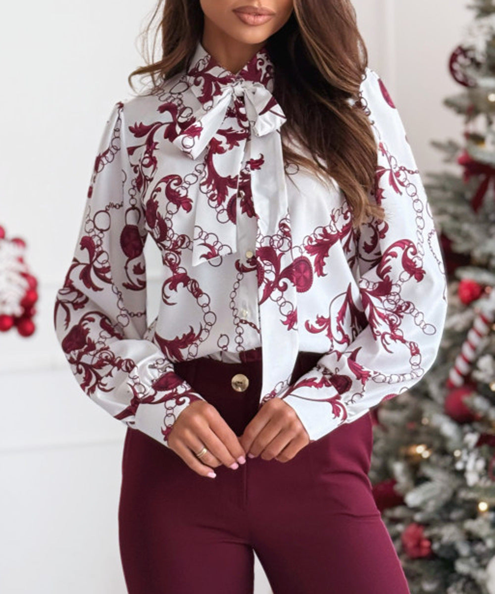 Printed Long Sleeve Bowknot Lining For Women