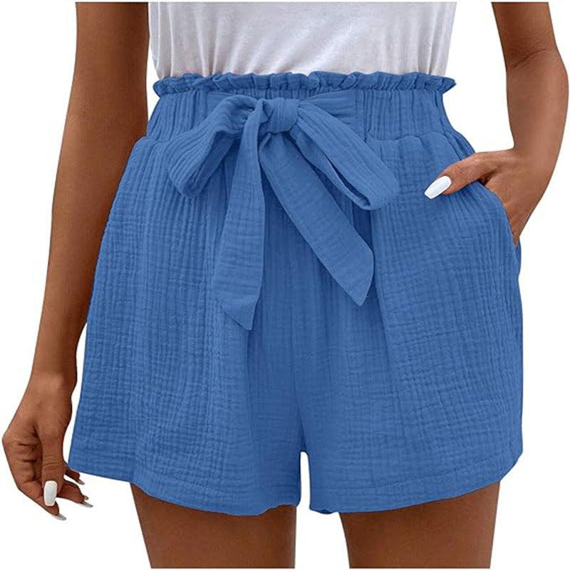 Elastic Waist Solid Color Casual Shorts Women Loose High Waist Simple Wide Leg