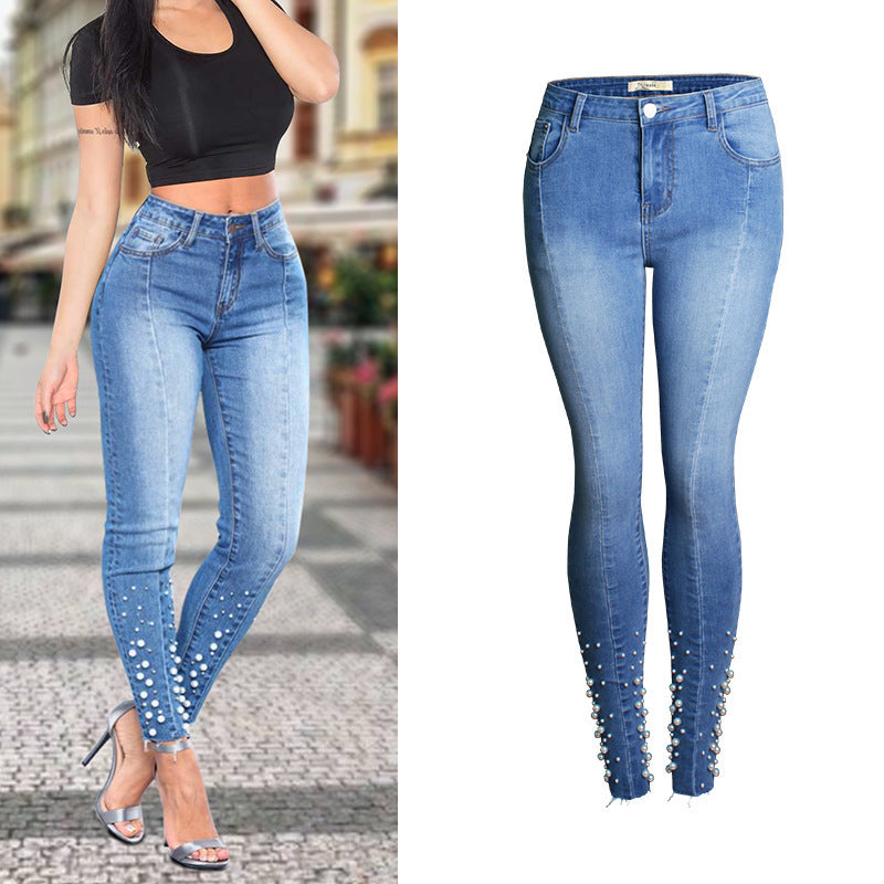 Popular Bead Nail Skinny Denim Stretch Slim Jeans