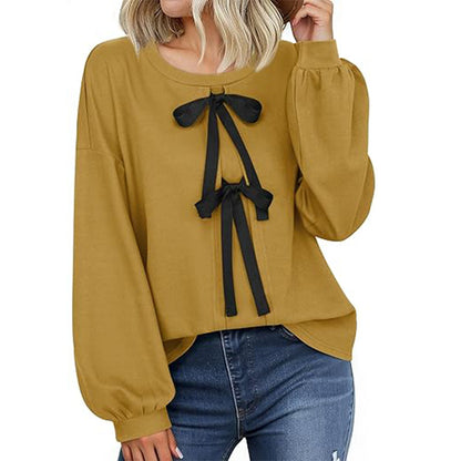 Women's Round Neck Front Lace-up Bow T Pullover Split Long Sleeve Shirt