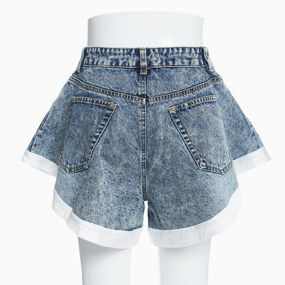 Ruffled Hem Hit White Denim Shorts