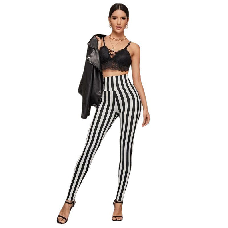 Vertical Stripes High Waist Leggings Cropped Skinny Pants