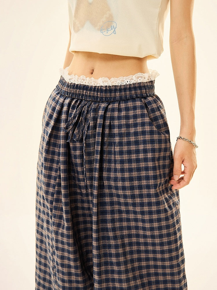 American Retro Blue Lattice Loose Pants