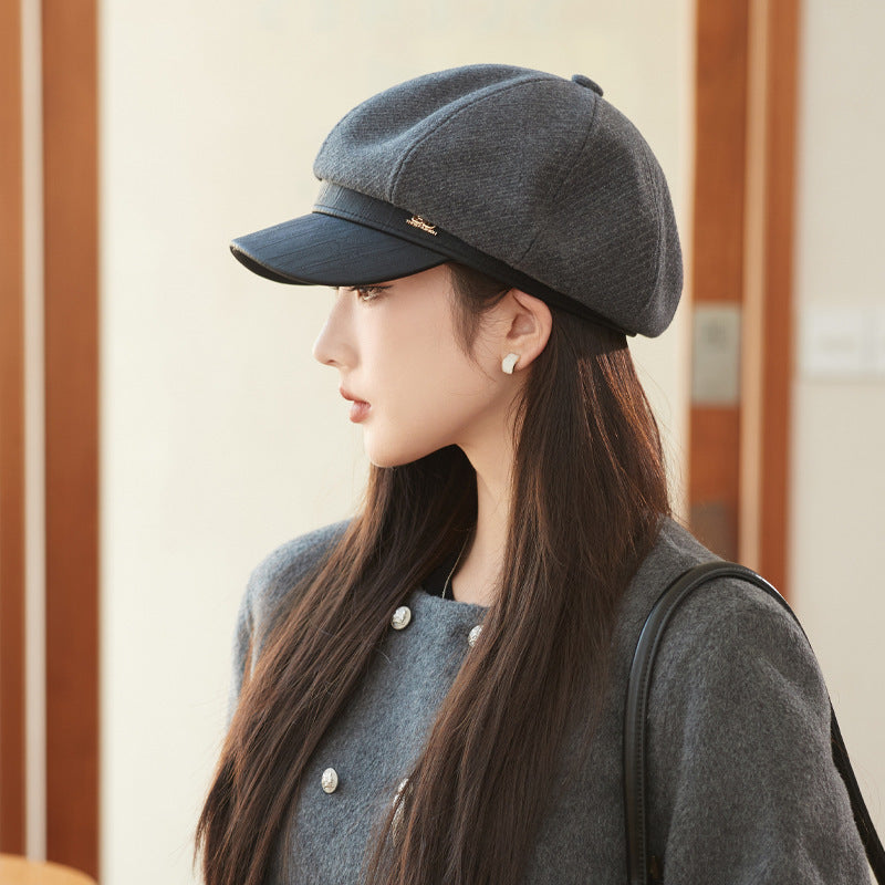 Korean Hat British Retro Leather Along Octagonal Cap