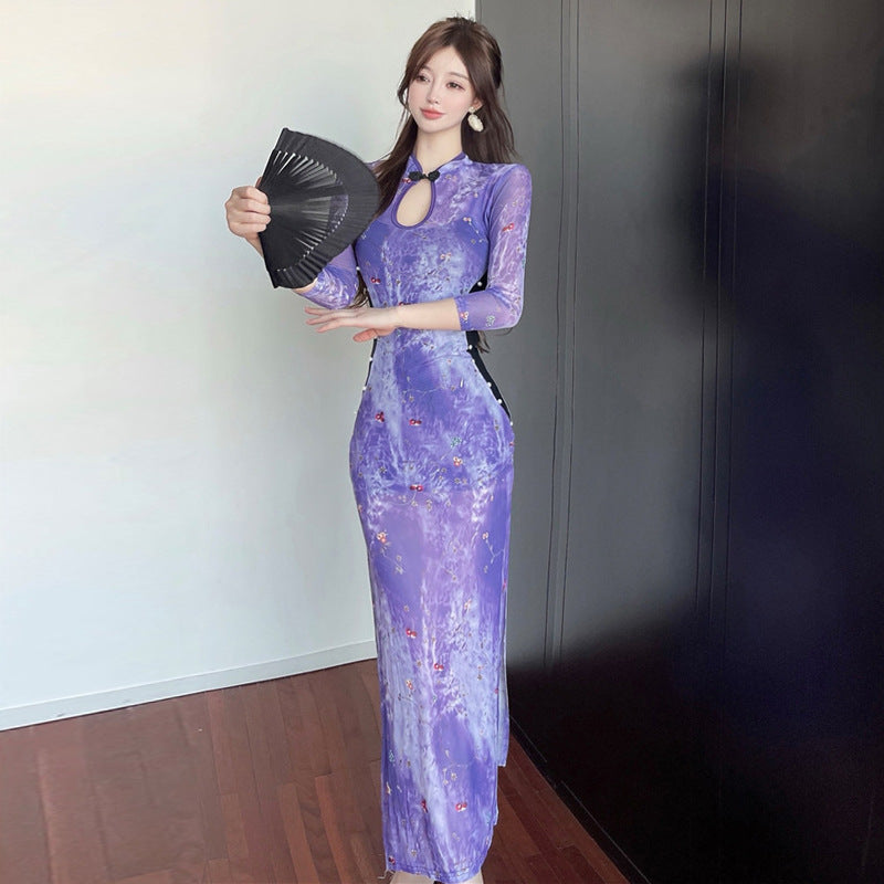 New Chinese Printing Hollow Improved Cheongsam Dress