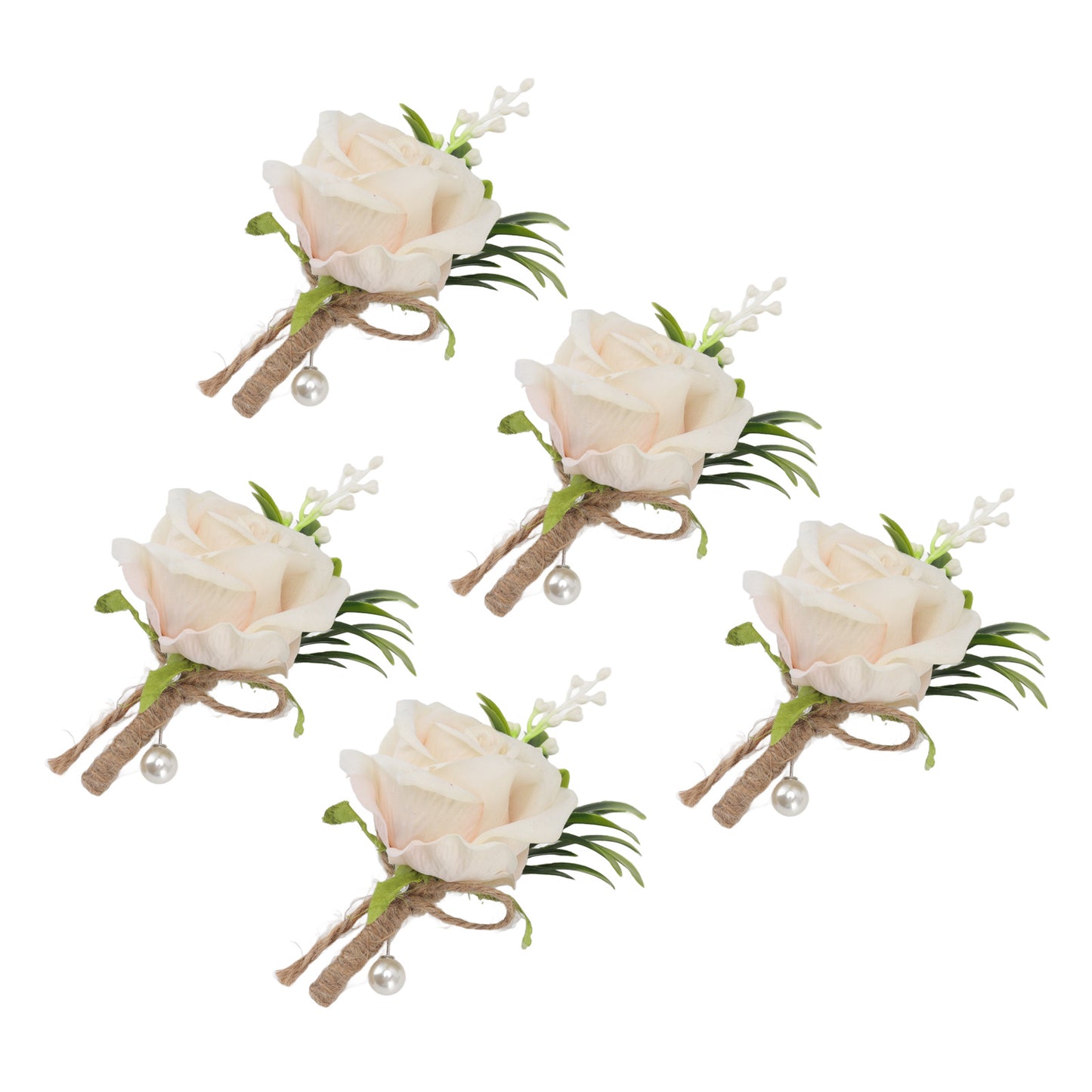 5PCS Wedding Boutonniere Pin Fixed Plastic Artificial Flower Corsage for Bride and Groom Champagne